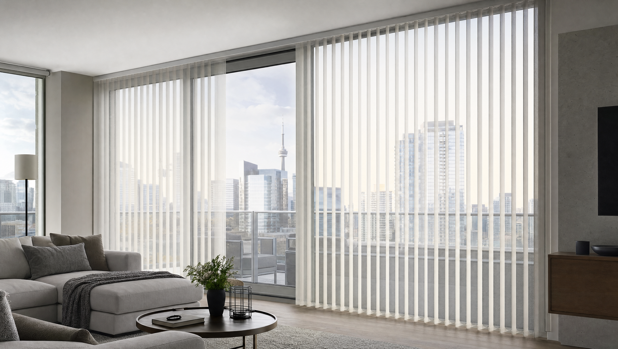 Sheer vertical shades filtering daylight on a wide sliding patio door in a modern Toronto condo