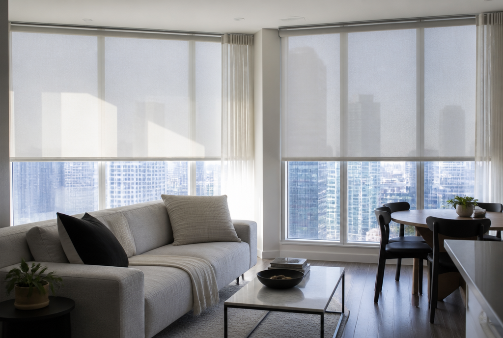 Solar roller shades and drapery layered on Toronto condo floor-to-ceiling windows to cut summer heat