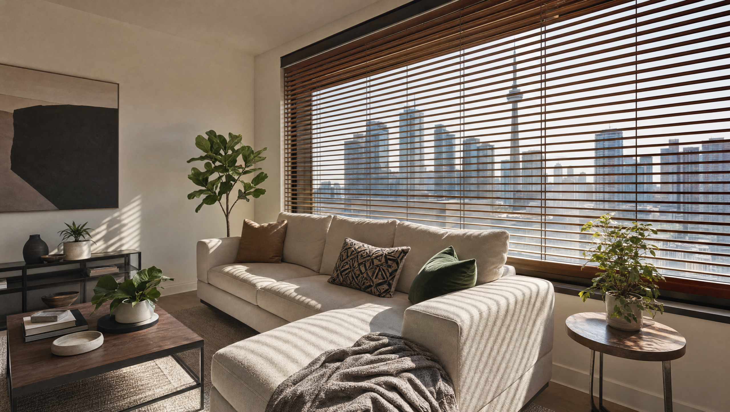 Warm wood Venetian blinds in a bright modern Toronto living room filtering afternoon light