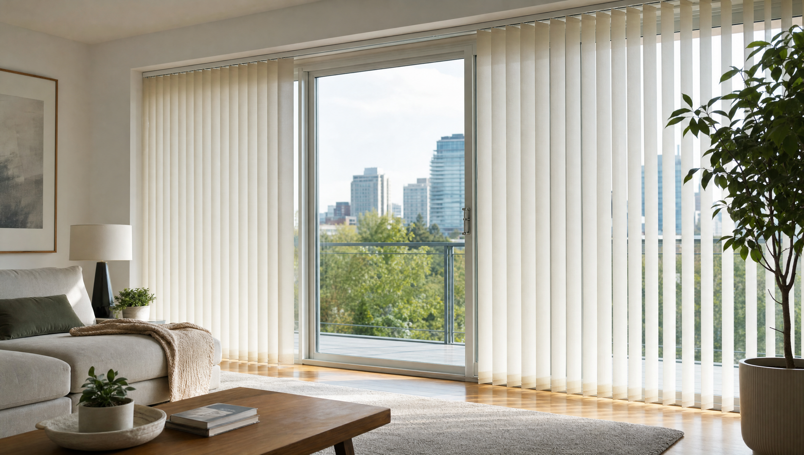 Off-white fabric vertical blinds on a wide sliding patio door in a bright Toronto living room