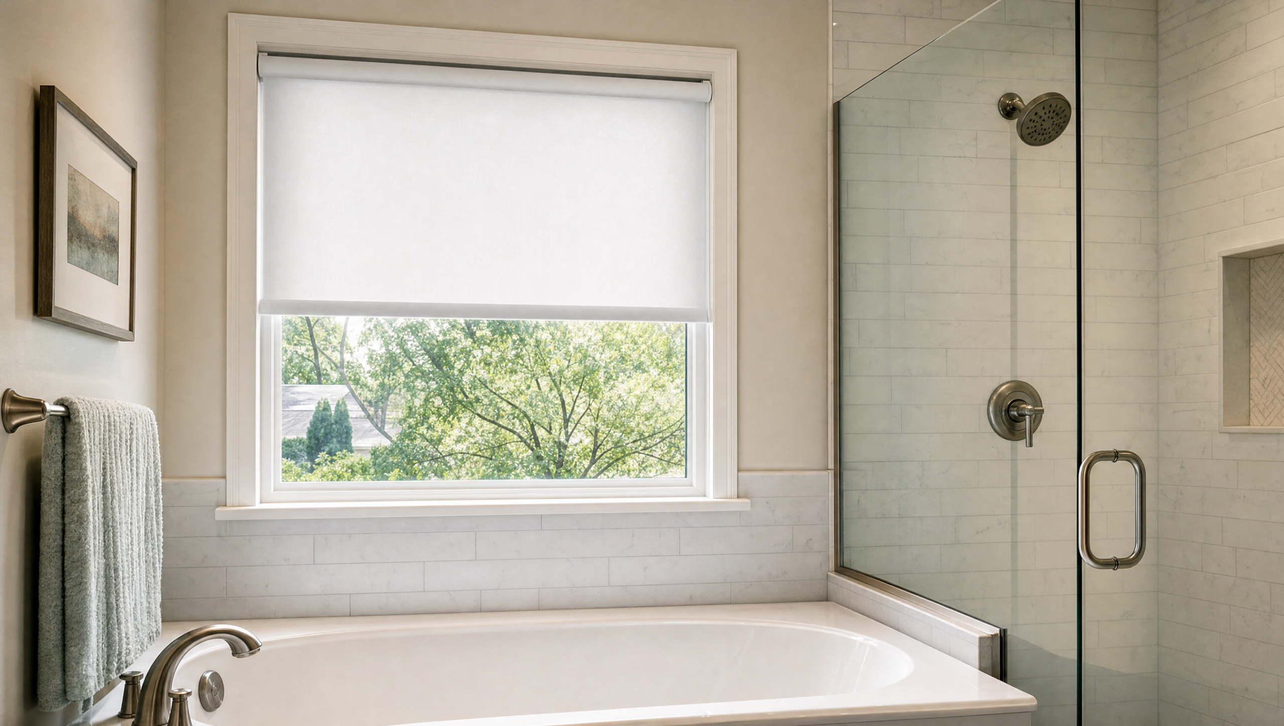 Moisture-resistant white roller shade on a bathroom window above a bathtub near a glass shower