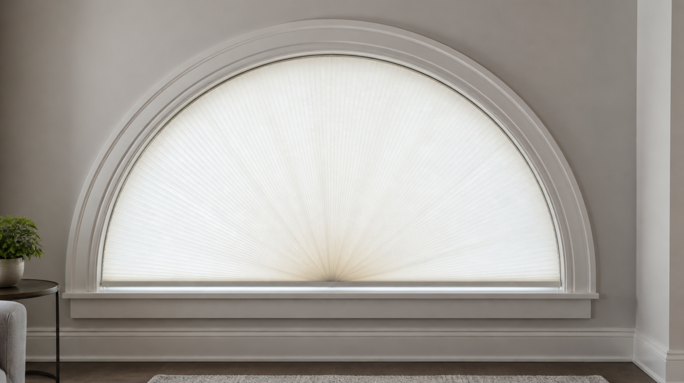 Custom cellular shade following the curve of a half-round arched window in a Toronto home