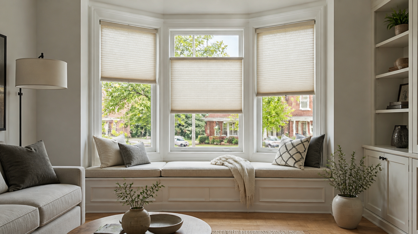 Three-panel bay window with its own slim shade on each panel in a Toronto living room