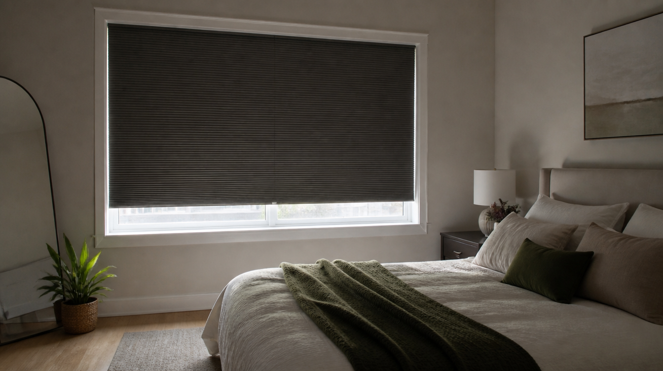 Blackout cellular honeycomb shades lowered on a Toronto bedroom window with soft light at the edges