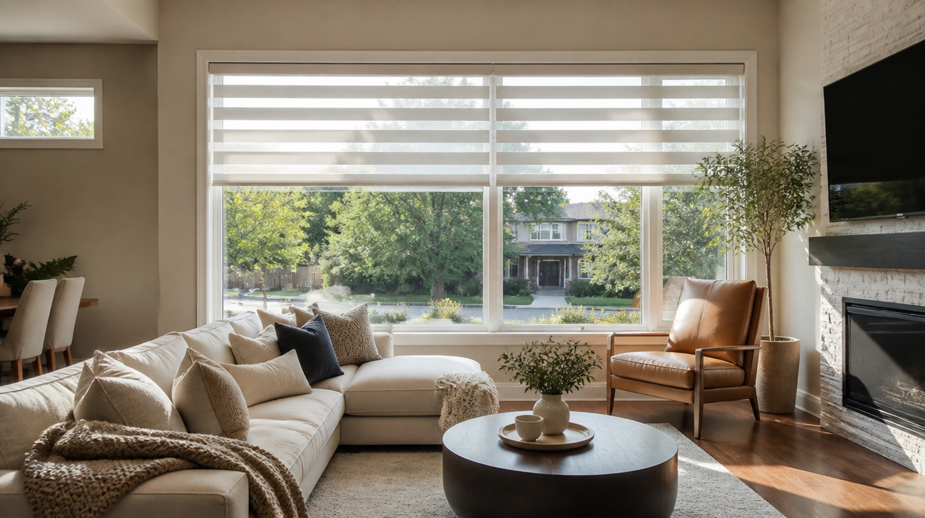 Bright Mississauga living room with light-filtering zebra shades on large windows