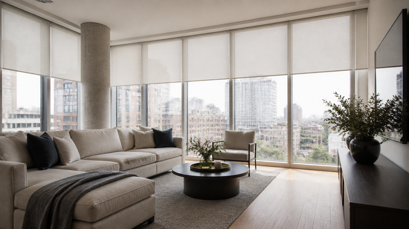 Modern Toronto living room with light-filtering roller shades on large windows