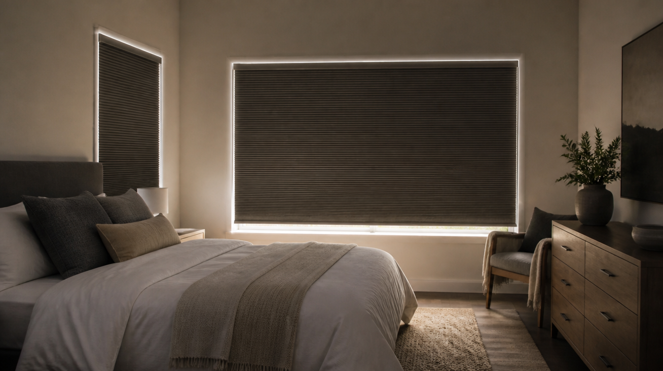 Brampton bedroom with cellular blackout honeycomb shades