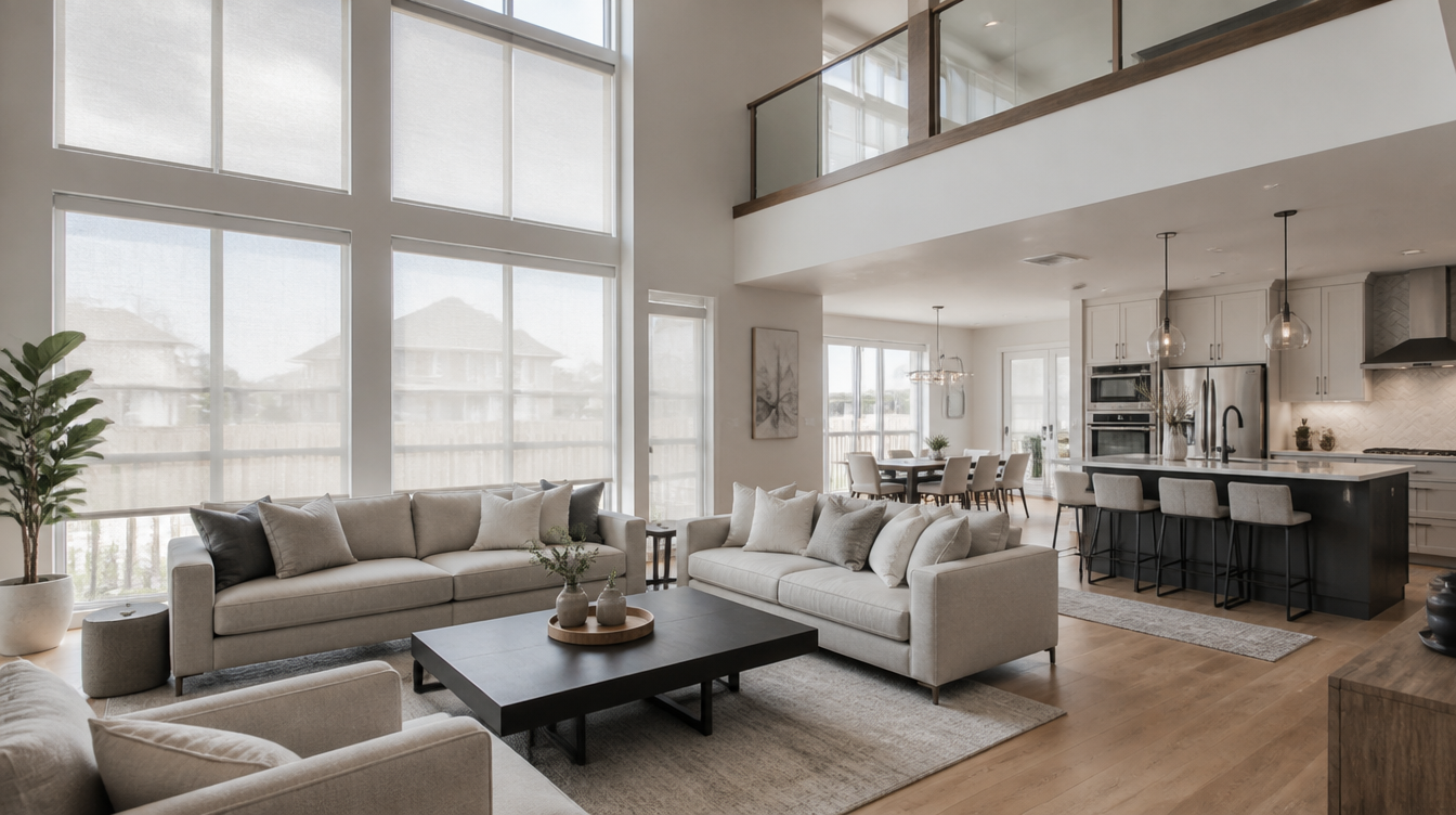 Brampton great room with light filtering roller shades on tall windows