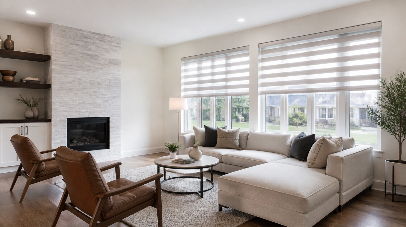 Modern Brampton living room with zebra shades on large windows