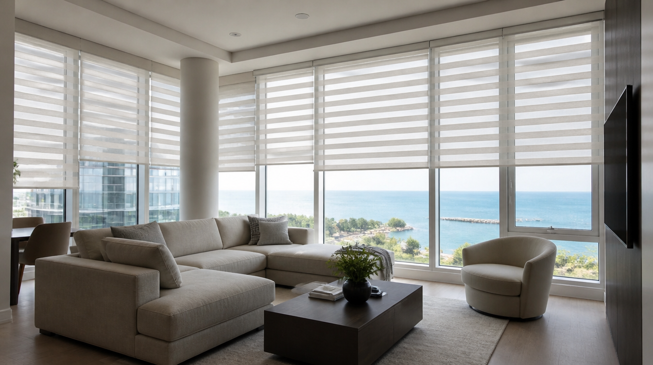 Etobicoke lakefront condo living room with light-filtering zebra shades and a Lake Ontario view