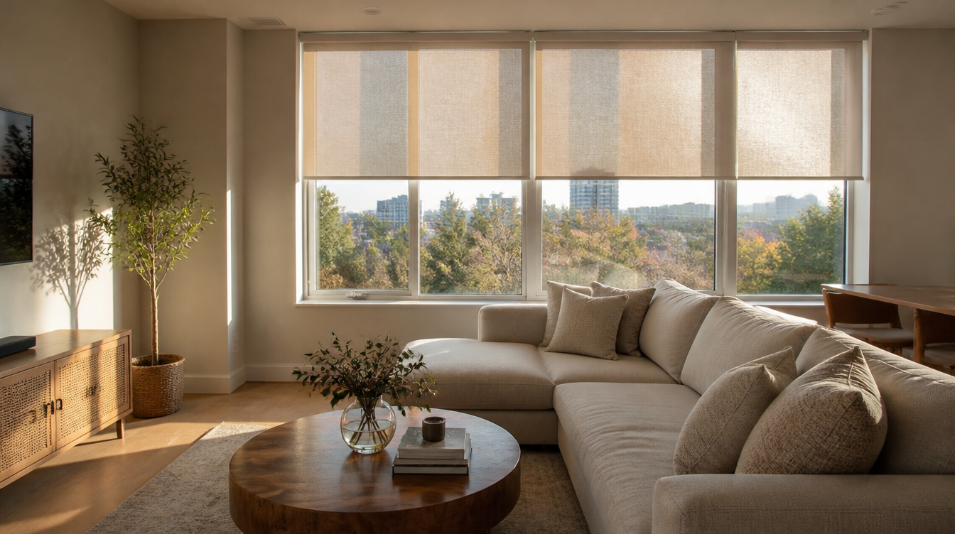 Etobicoke living room with neutral light-filtering roller shades on large windows