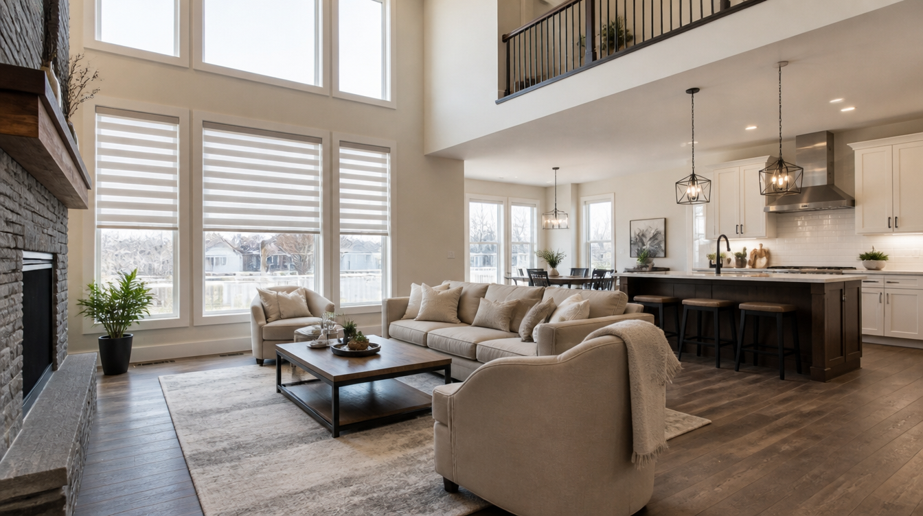 Open-concept great room in a Markham home with zebra dual shades on tall windows