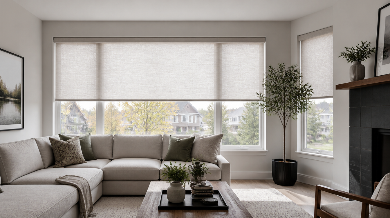 Markham living room with light-filtering roller shades on large windows
