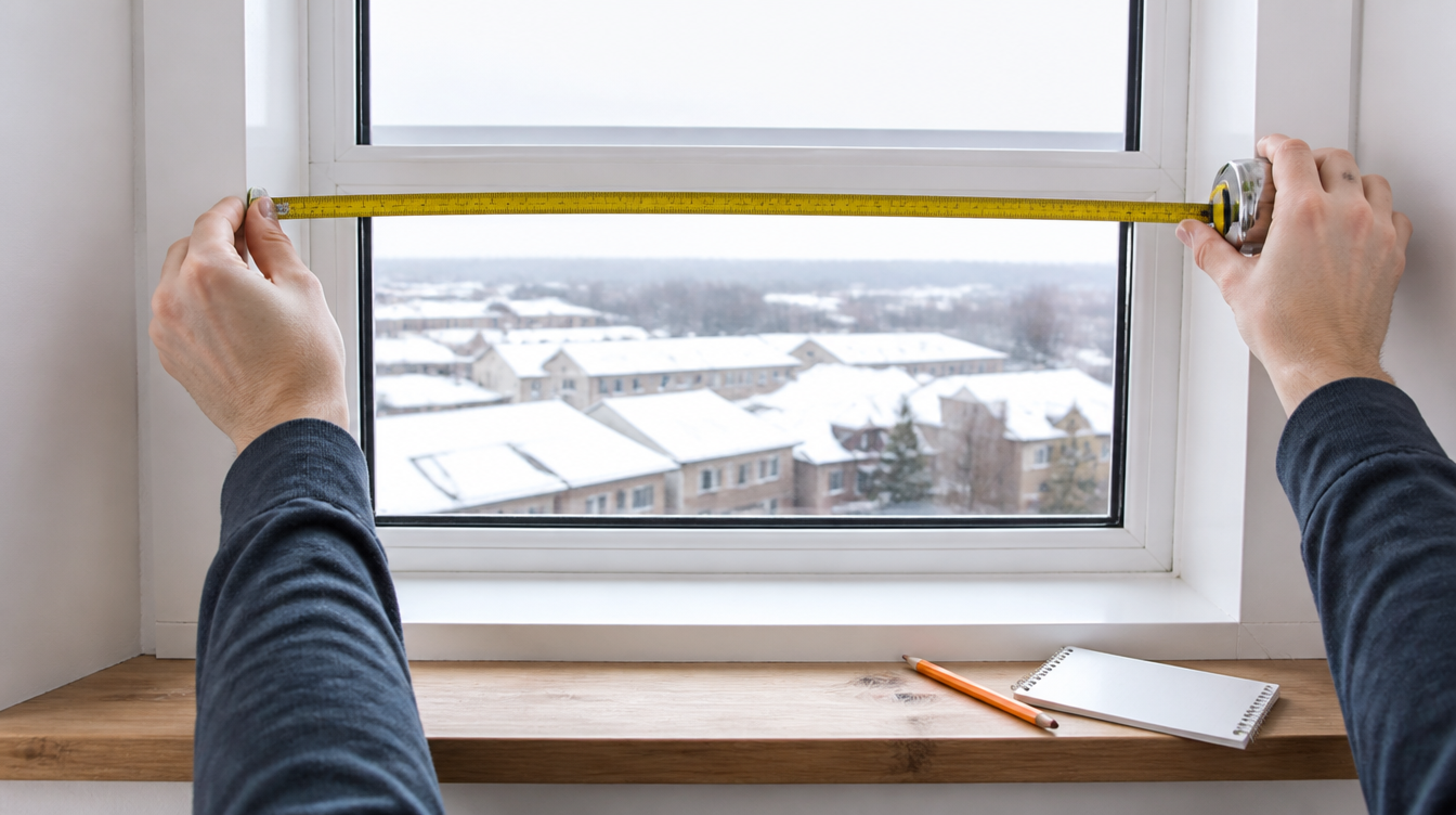 Hands measuring the inside width of a window frame at the top with a metal tape measure