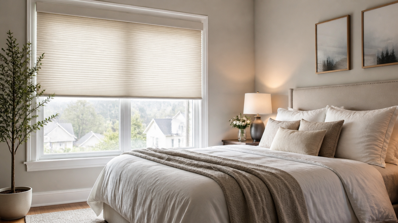 Mississauga bedroom with cellular honeycomb shades for insulation and soft light control
