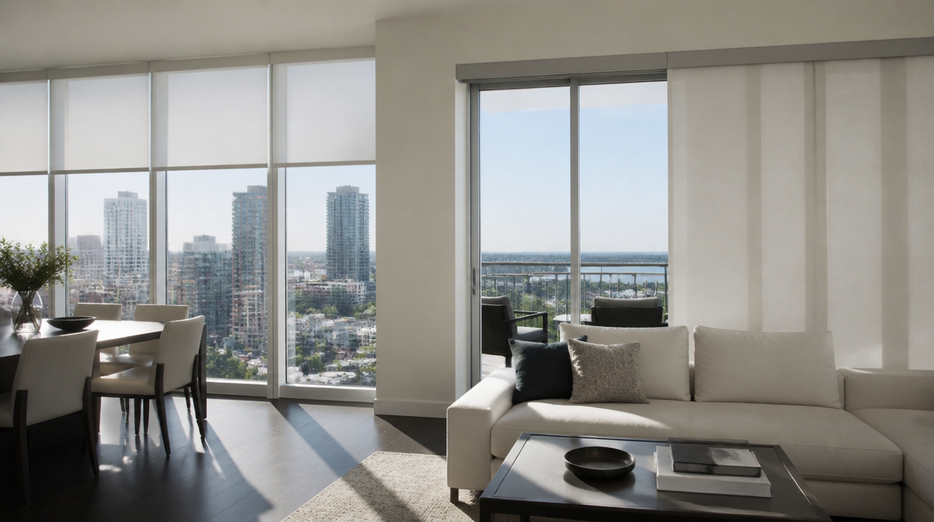 Mississauga high-rise condo great room with white roller shades and a panel track on the balcony door