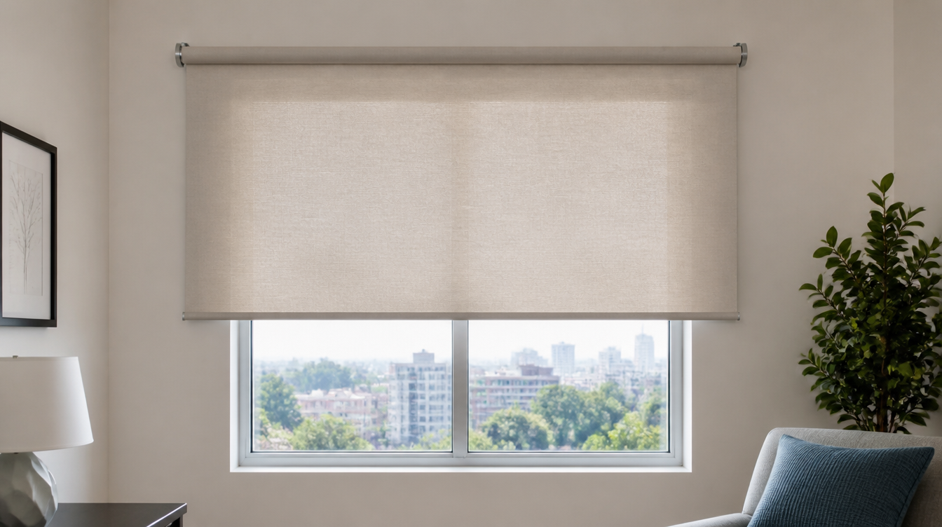 Outside-mount roller shade installed above and beyond a window frame in a modern condo