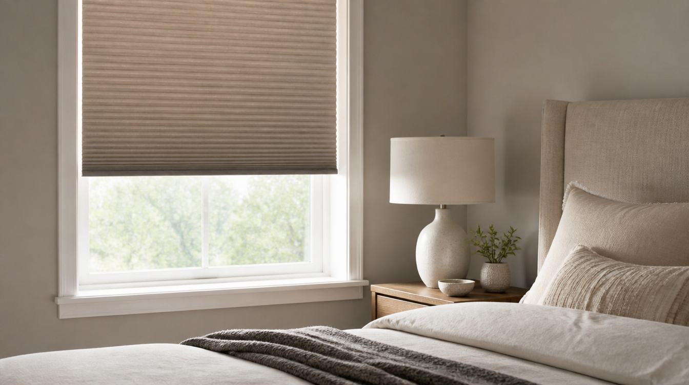 Scarborough bedroom with cordless blackout cellular honeycomb shades partly lowered