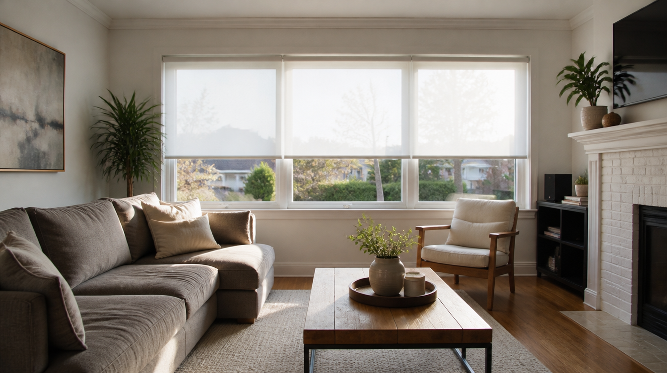 Suburban Scarborough bungalow living room with white light-filtering roller shades on a wide window