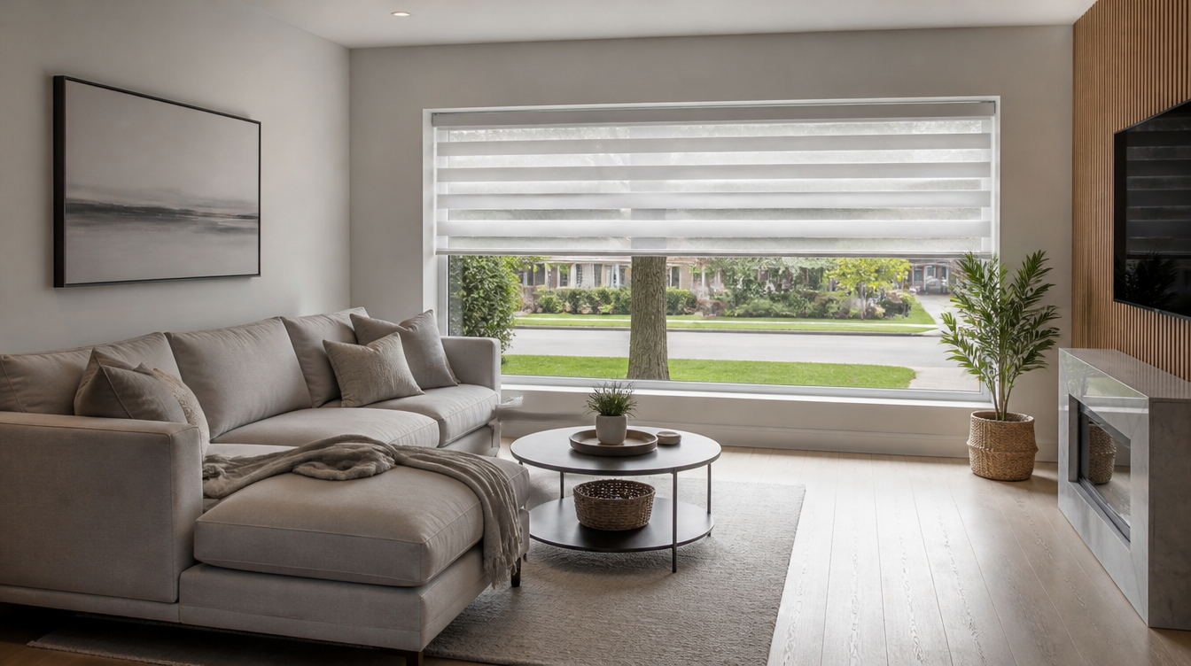 Scarborough living room with modern zebra dual-layer roller shades on a large picture window