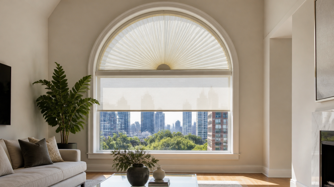 Arched feature window with a shaped shade above a roller shade in a Toronto living room