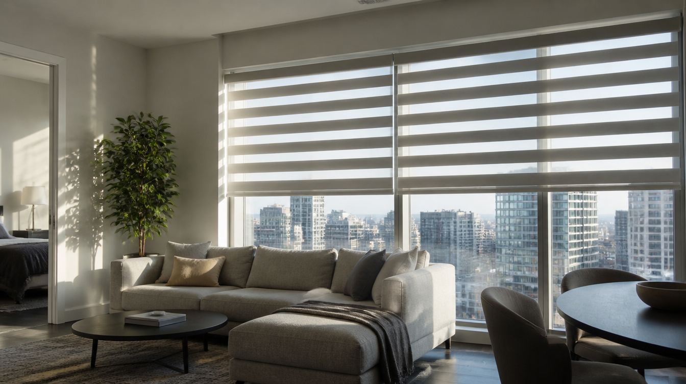 Dual-layer zebra shades half raised on a Toronto condo window for day and night light control